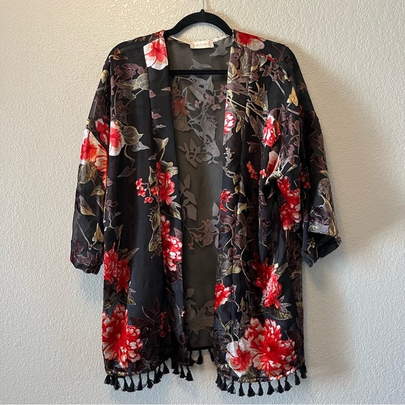 Altar’d State Black Velvet/Floral Sheer Cardigan/Kimono Size Small - Picture 1 of 6